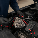 Mechanic checking a car alternator with diagnostic equipment.