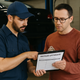 Mechanic showing a repair estimate to a customer inside an auto repair shop with a black car on a lift in the background.