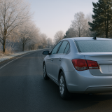 A silver sedan parked on a cool winter morning along a rural road with frosty trees in the background.
